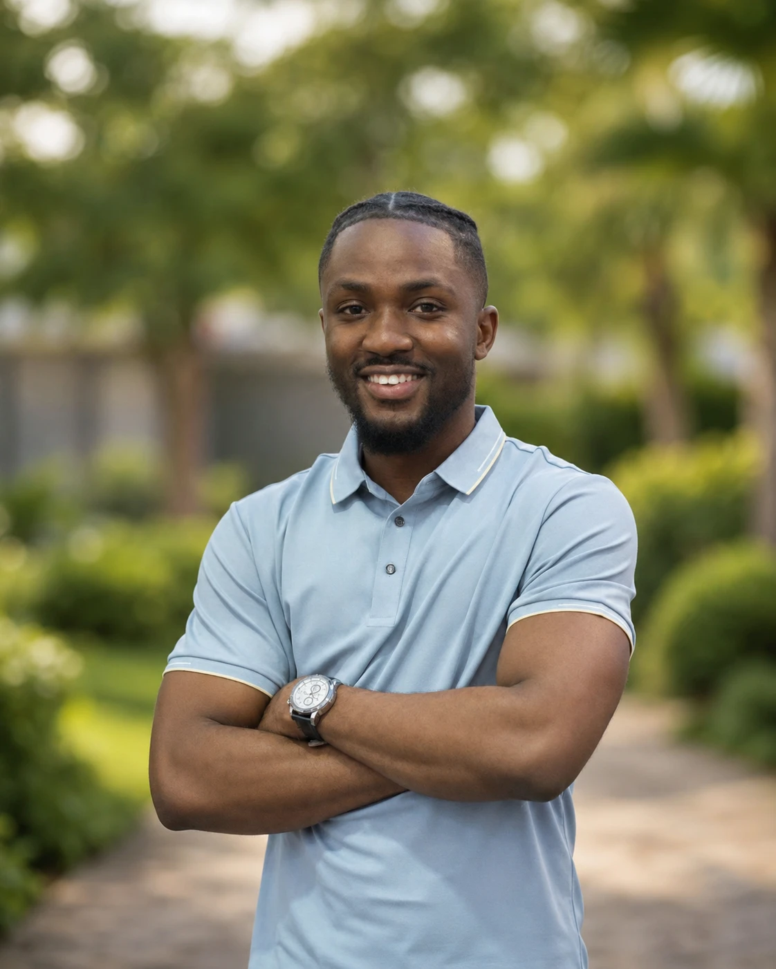 Enam Avornyo outdoors in a garden, arms folded and smiling, in a light-blue polo shirt.