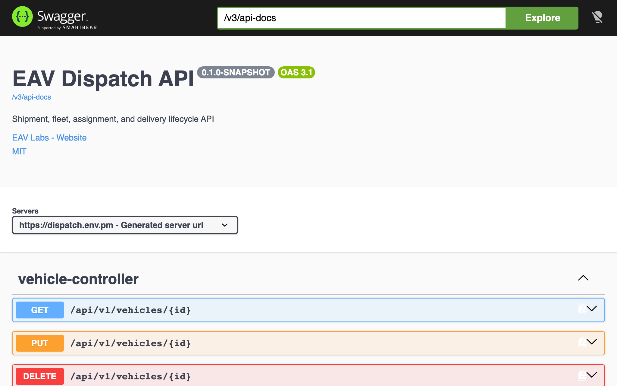 EAV Dispatch API documentation in Swagger, shown on a laptop