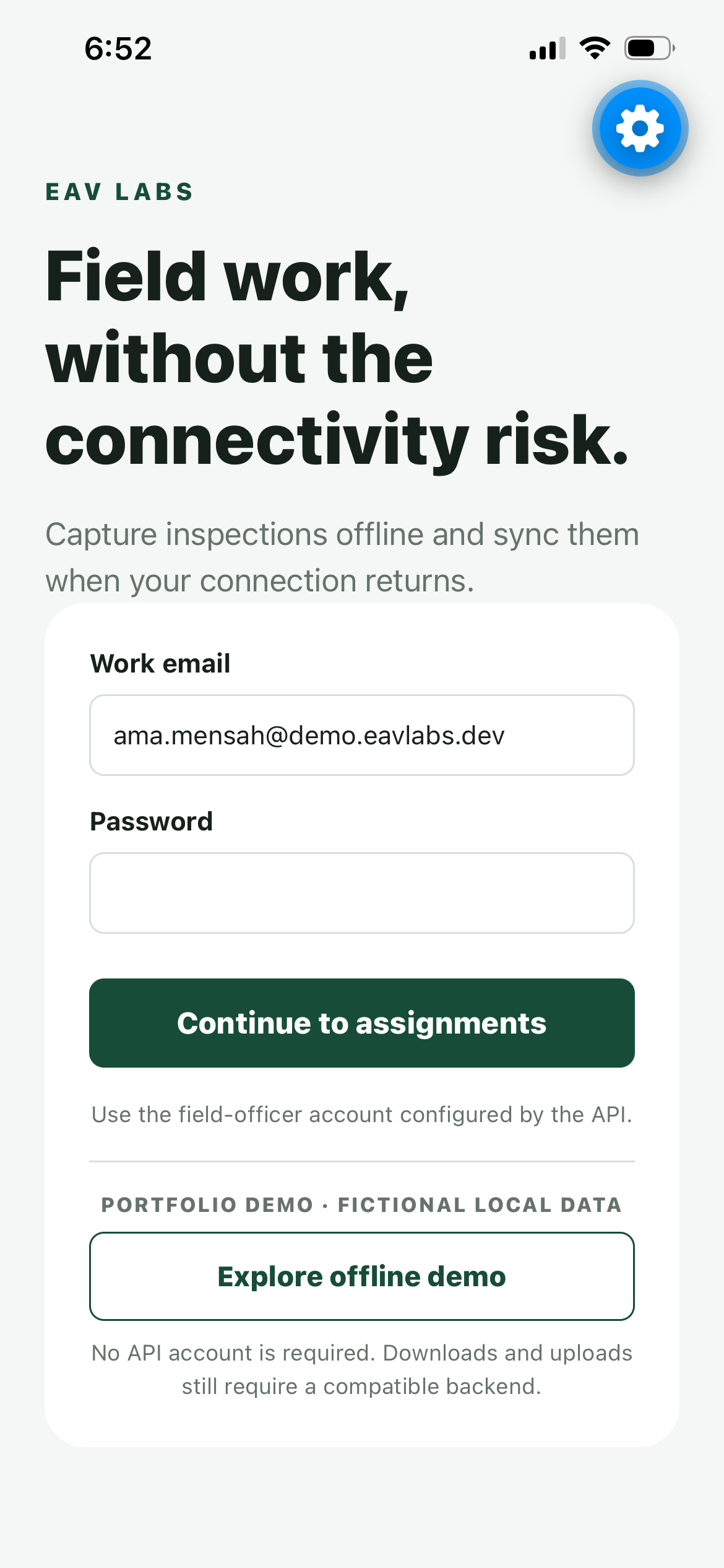 EAV Field login and offline demo entry on iOS